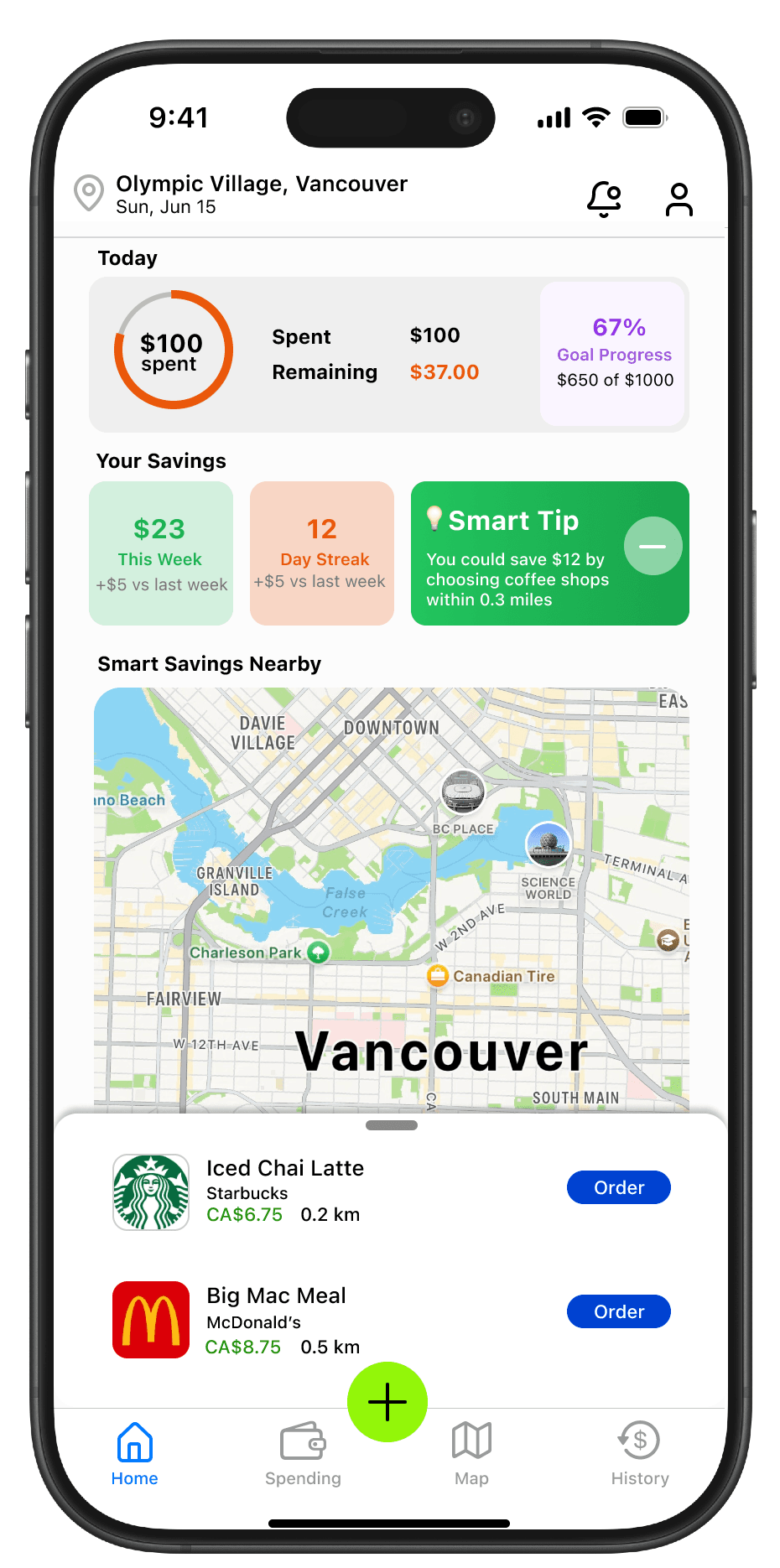 Trip Trim app interface showing Vancouver location with spending tracking, budget progress, savings insights, and local deals